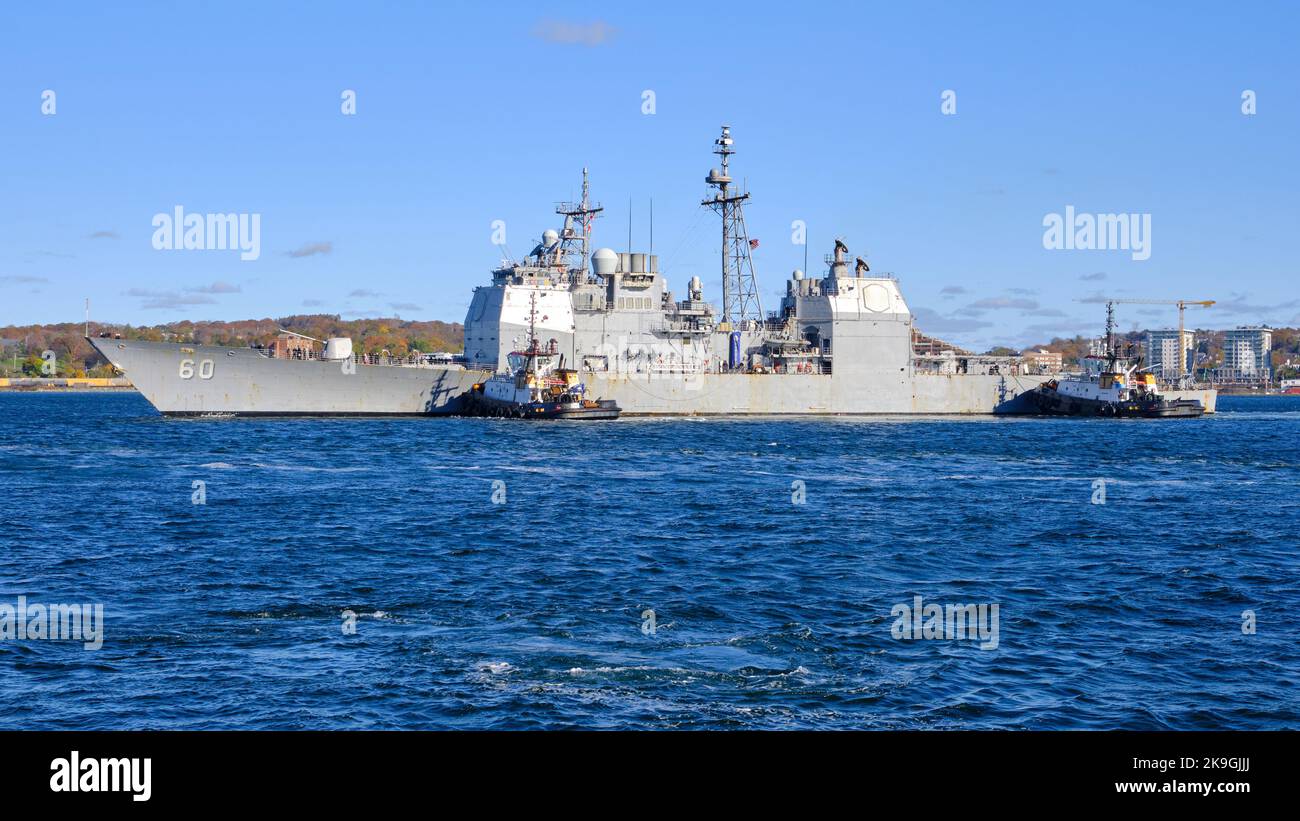 Halifax, Nova Scotia, Canada. October 28th, 2022. The USS Normandy (CG-60) of the United States Navy docks in the Halifax harbour for a week-end visit to their Canadian counterparts joined by other NATO warships. The Normandy is a Ticonderoga-class guided-missile cruiser. Credit: meanderingemu/Alamy Live News Stock Photo