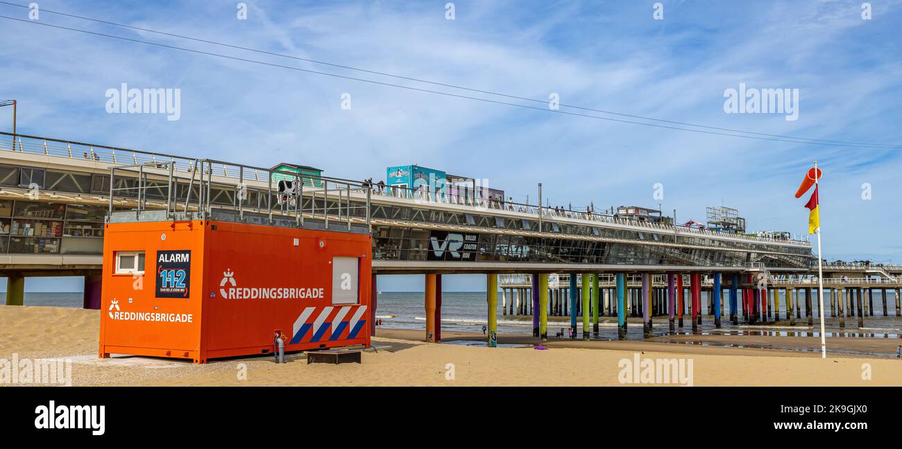 The Dutch rescue brigade post on the beach with the Scheveningse Pier ...