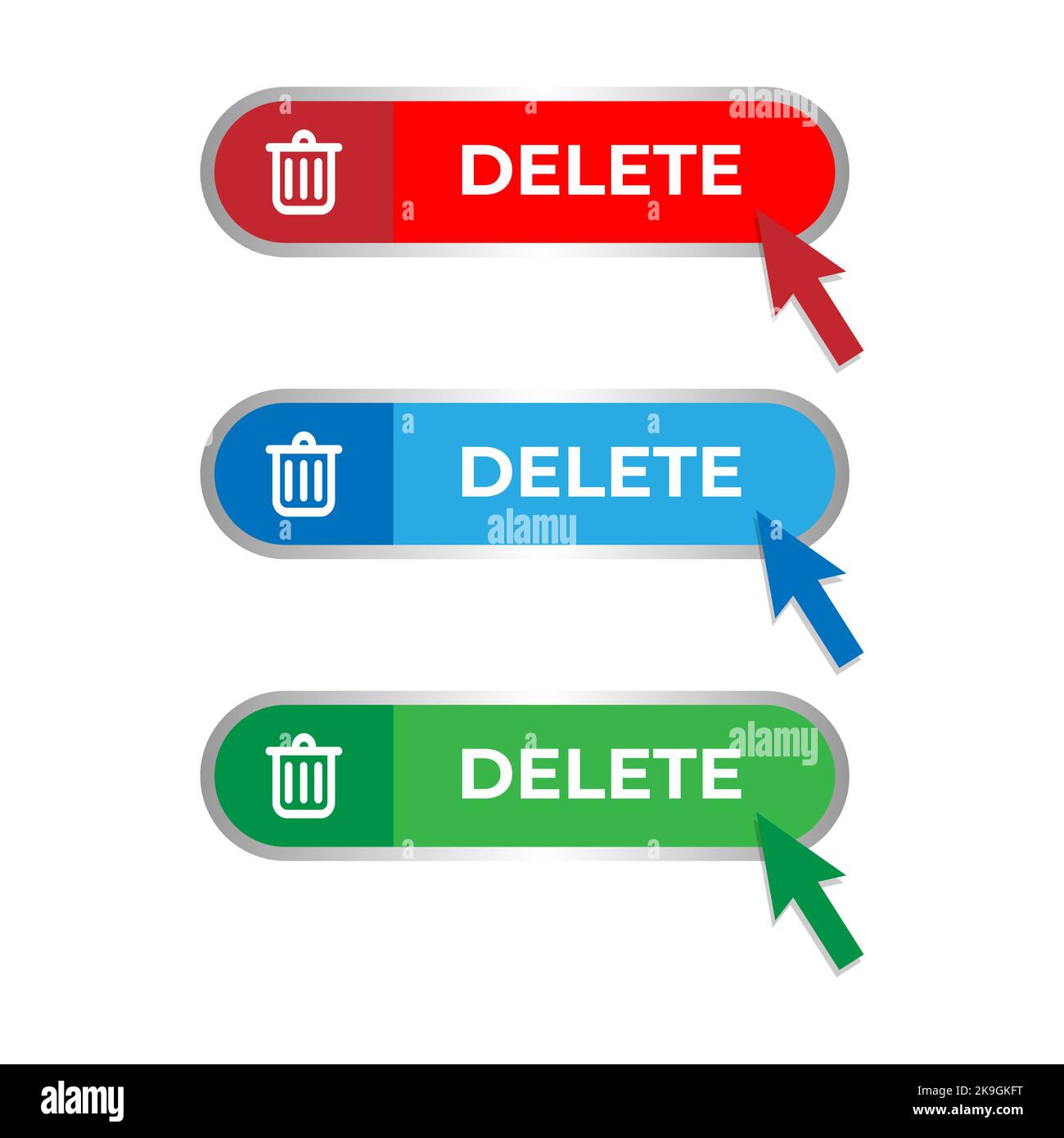 Delete button with trash can symbol and cursor mouse click. Set of ...