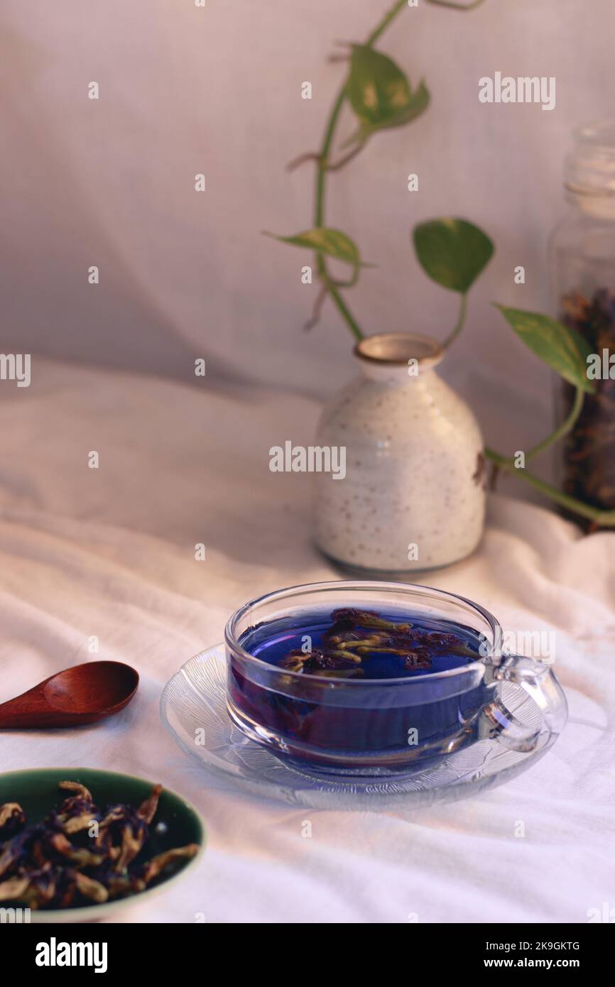A cup of antioxidant rich herbal blue butterfly pea tea for a relaxing