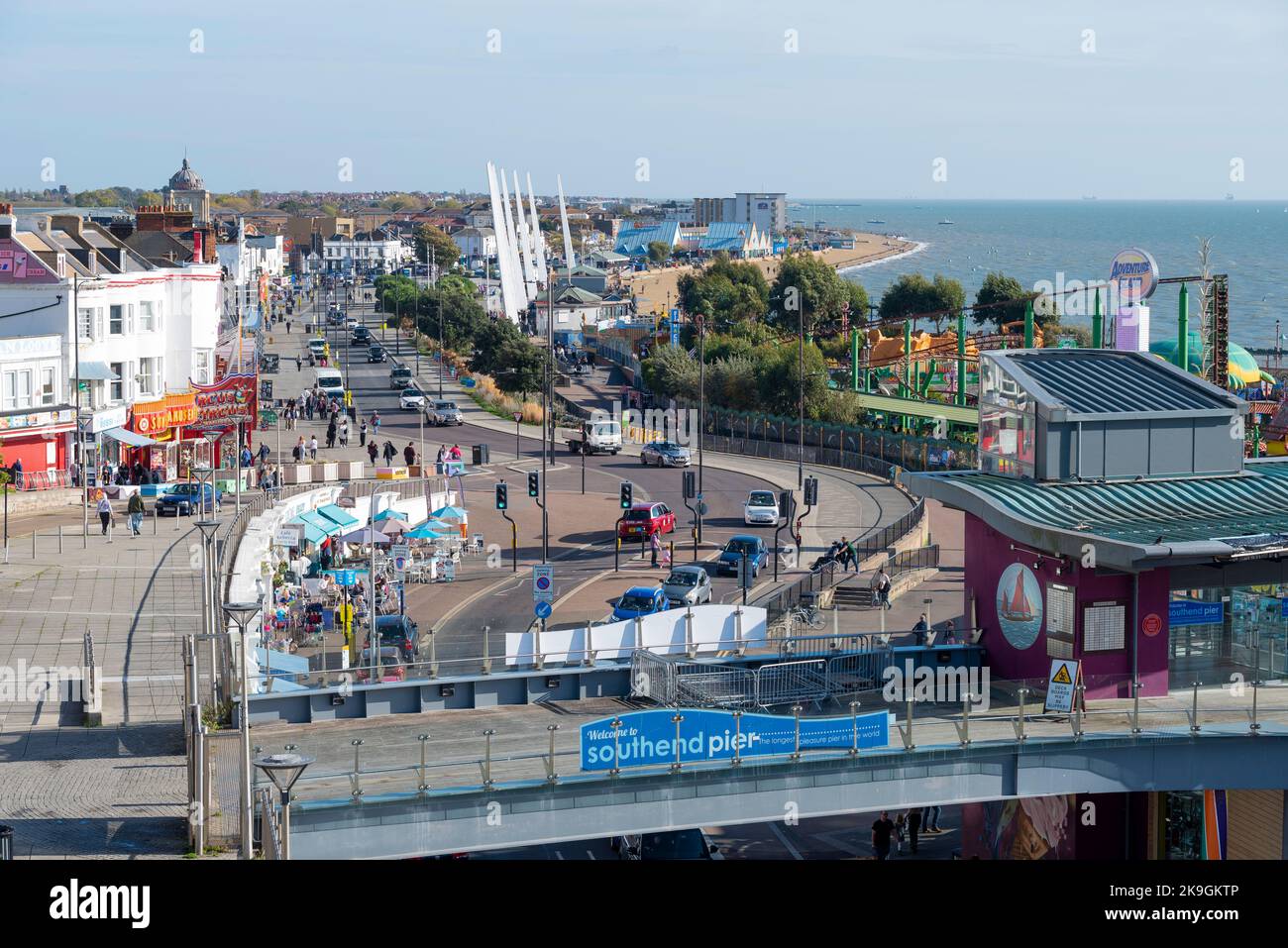 High view of Southend on Sea seafront in Autumn 2022. Adventure Island, Southend Pier, beach, Marine Parade and Eastern Esplanade. Thames Estuary Stock Photo