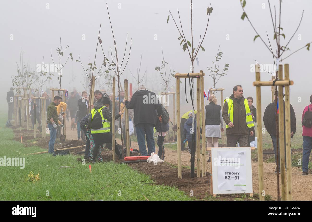 Racineves, Czech Republic. 28th Oct, 2022. Planting of trees in the Alley of Freedom in honour of Sir Nicholas Winton, who saved Jewish children from holocaust in 1939, in Racineves, Litomerice region, Czech Republic, October 28, 2022. Credit: Ondrej Hajek/CTK Photo/Alamy Live News Stock Photo