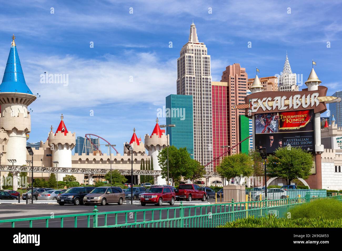 Las Vegas, USA - 18 April 2012: The exterior of the fairy tale and medieval style Excalibur Hotel and Casino in Las Vegas, with the New York, New York Stock Photo