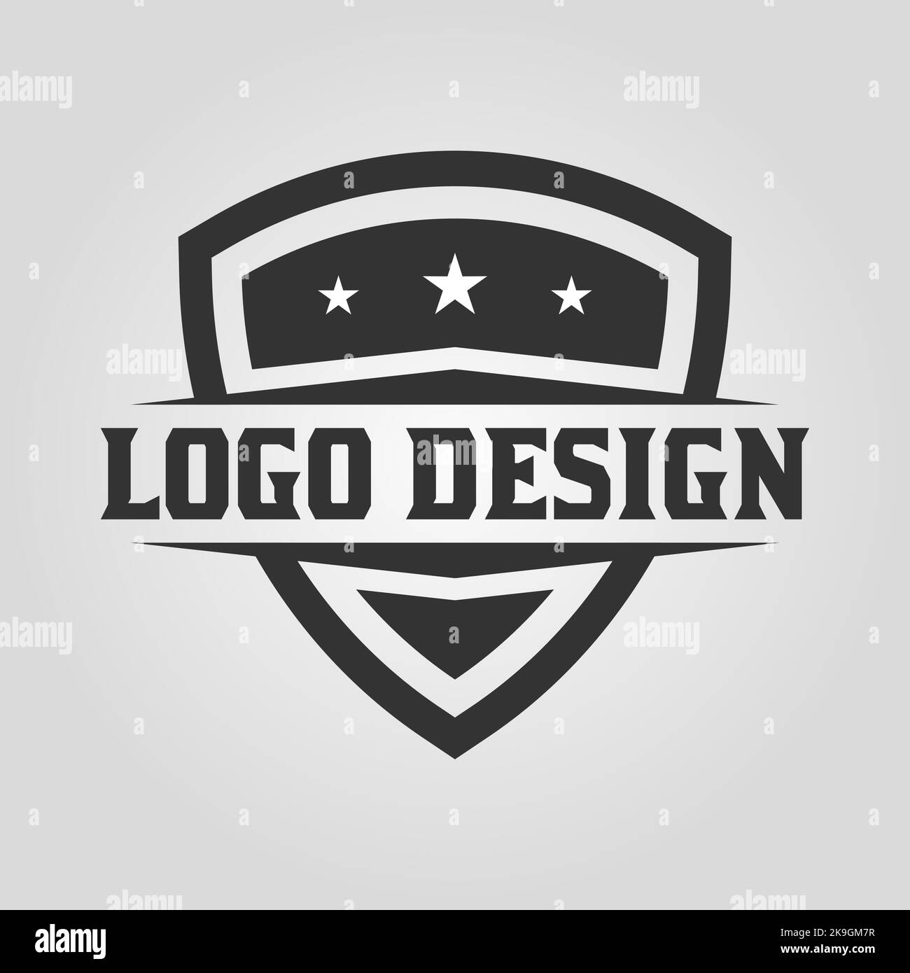 Classic logo design template with three stars. Sport team simple emblem with place for text. Retro shield shaped monochrome badge. Vector Stock Vector