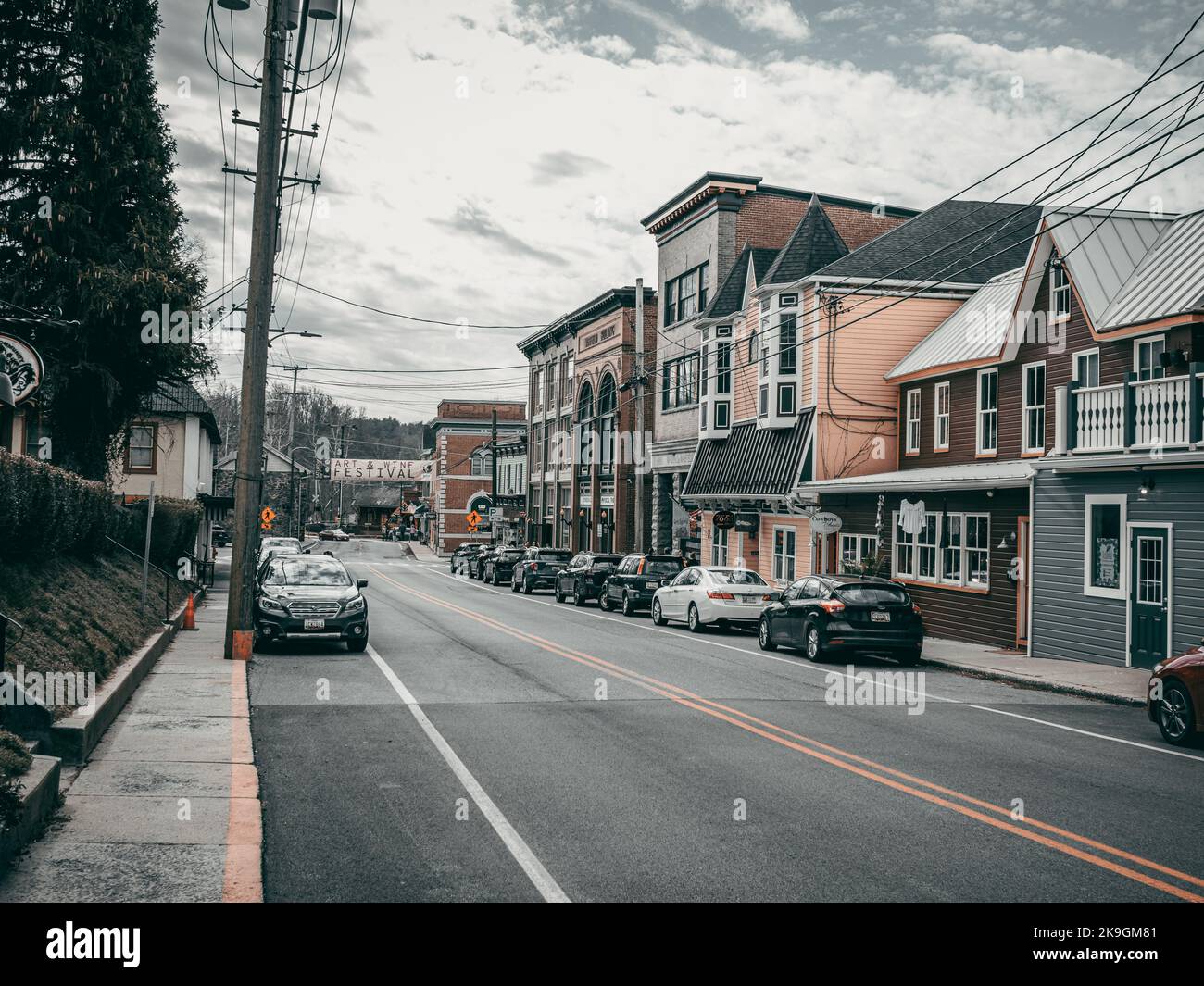 The Sykesville town buildings at the road with parked cars Stock Photo