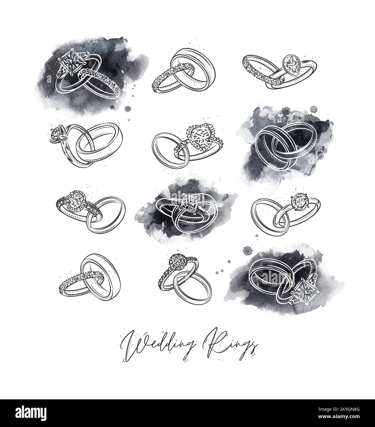 Wedding and engagement ring drawing in vintage graphic style with black