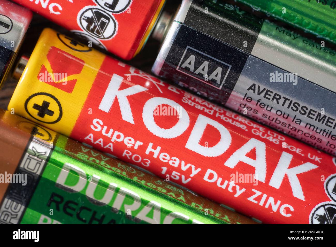 Closeup of single use empty expended zinccarbon dry cell batteries AAA