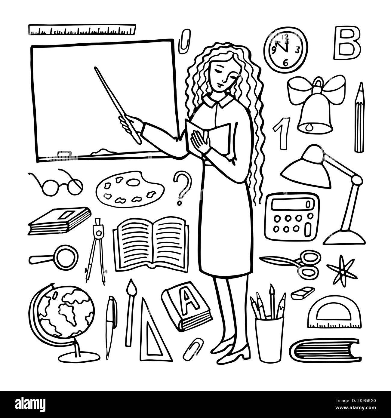 Woman teacher and teacher's supplies. Black and white drawing in doodle style. Stock Vector