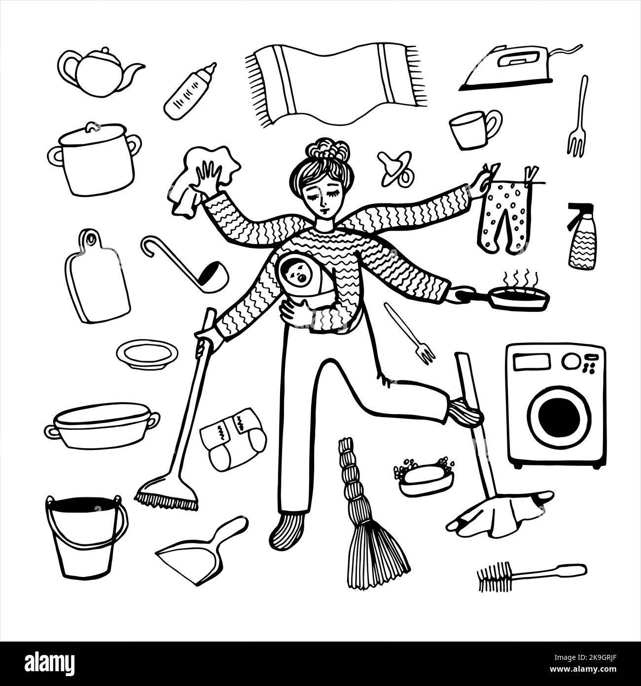 Cartoon house cleaning kitchen Black and White Stock Photos & Images