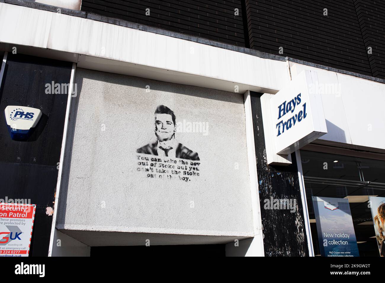 Robbie Williams artwork in Hanley Stoke on Trent, Staffordshire, Take That, Hays Travel Stock Photo