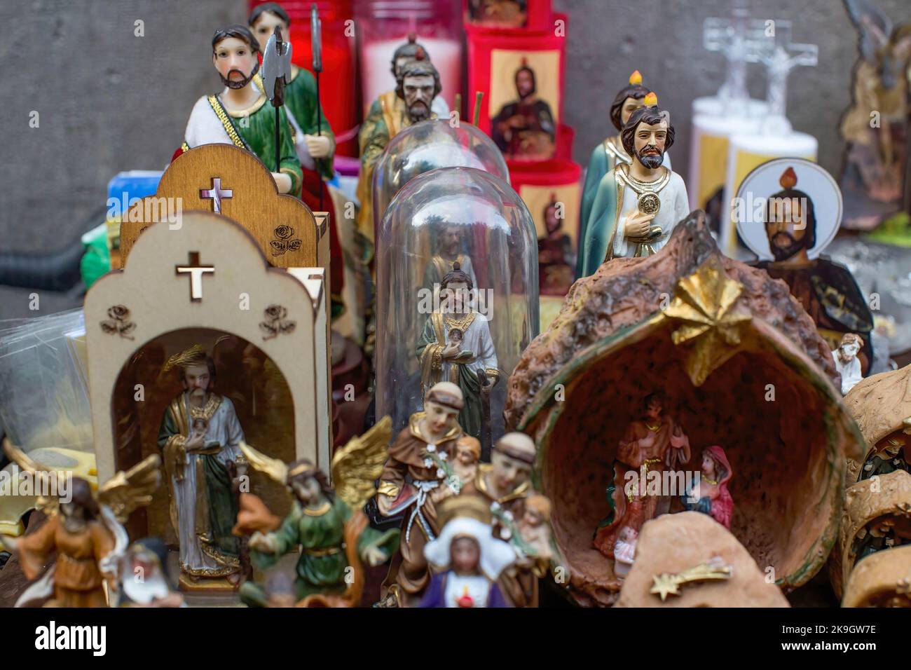 Madrid, Spain. 28th Oct, 2022. Images of San Judas Tadeo in a stall outside the Church of Santa Cruz in the center of Madrid during the celebration of the day of San Judas Tadeo. Every October 28th, the day of San Judas Tadeo is celebrated, patron saint of lost and difficult causes. In the centre of Madrid, on Atocha street, the church of Santa Cruz is located, which houses the image of San Judas Tadeo to which thousands of Catholic believers come to touch it and ask for its prayers. (Photo by Luis Soto/SOPA Images/Sipa USA) Credit: Sipa USA/Alamy Live News Stock Photo