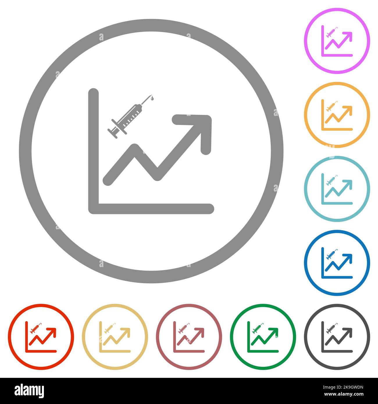 Rising vaccination graph flat color icons in round outlines on white ...