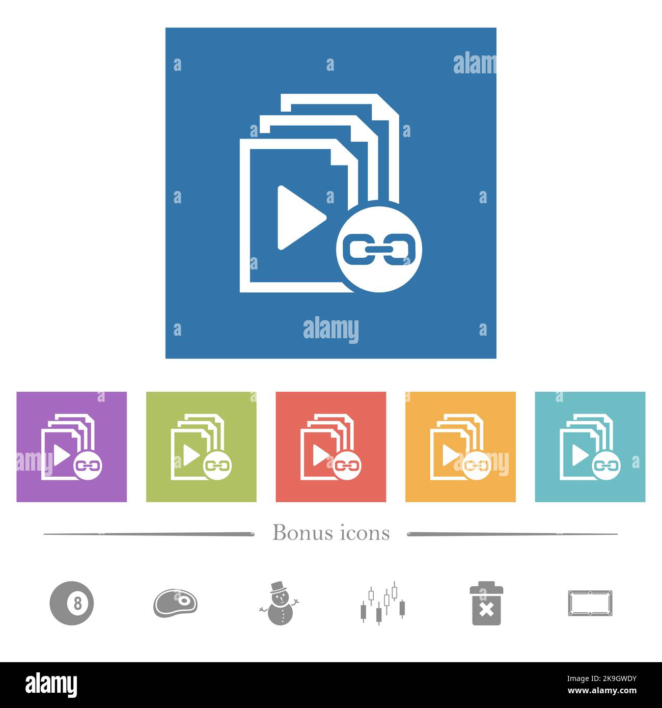 Link playlist flat white icons in square backgrounds. 6 bonus icons ...