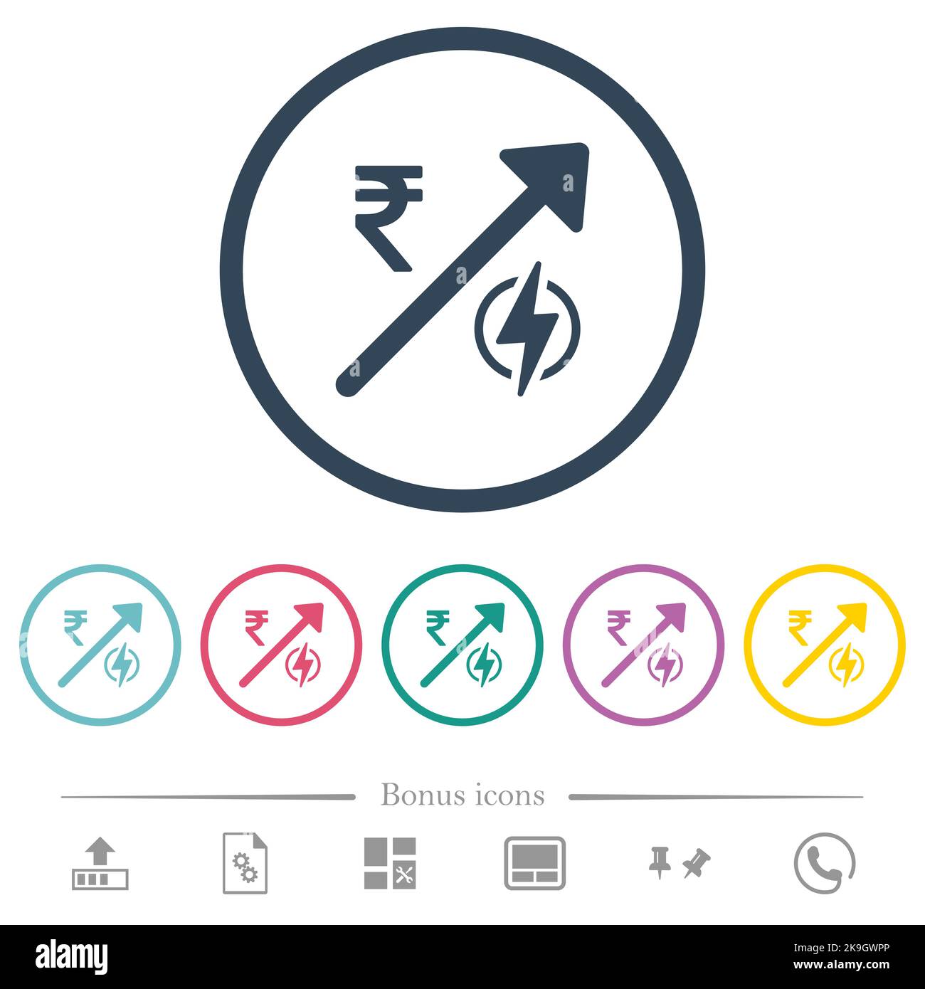 Rising electricity energy Indian Rupee prices flat color icons in round ...
