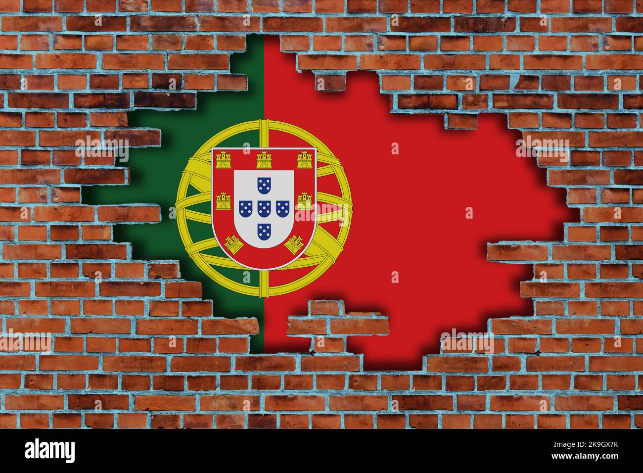 3D Flag of Portugal behind the broken old stone wall background Stock ...