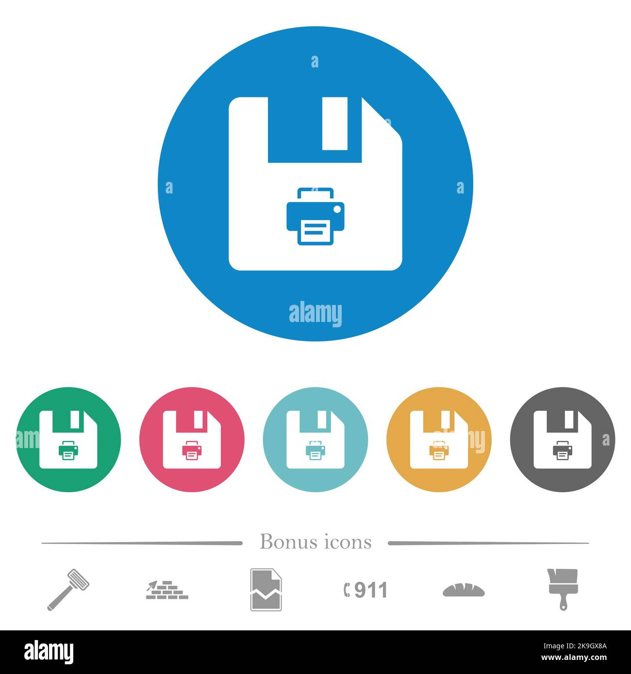 Print file flat white icons on round color backgrounds. 6 bonus icons ...