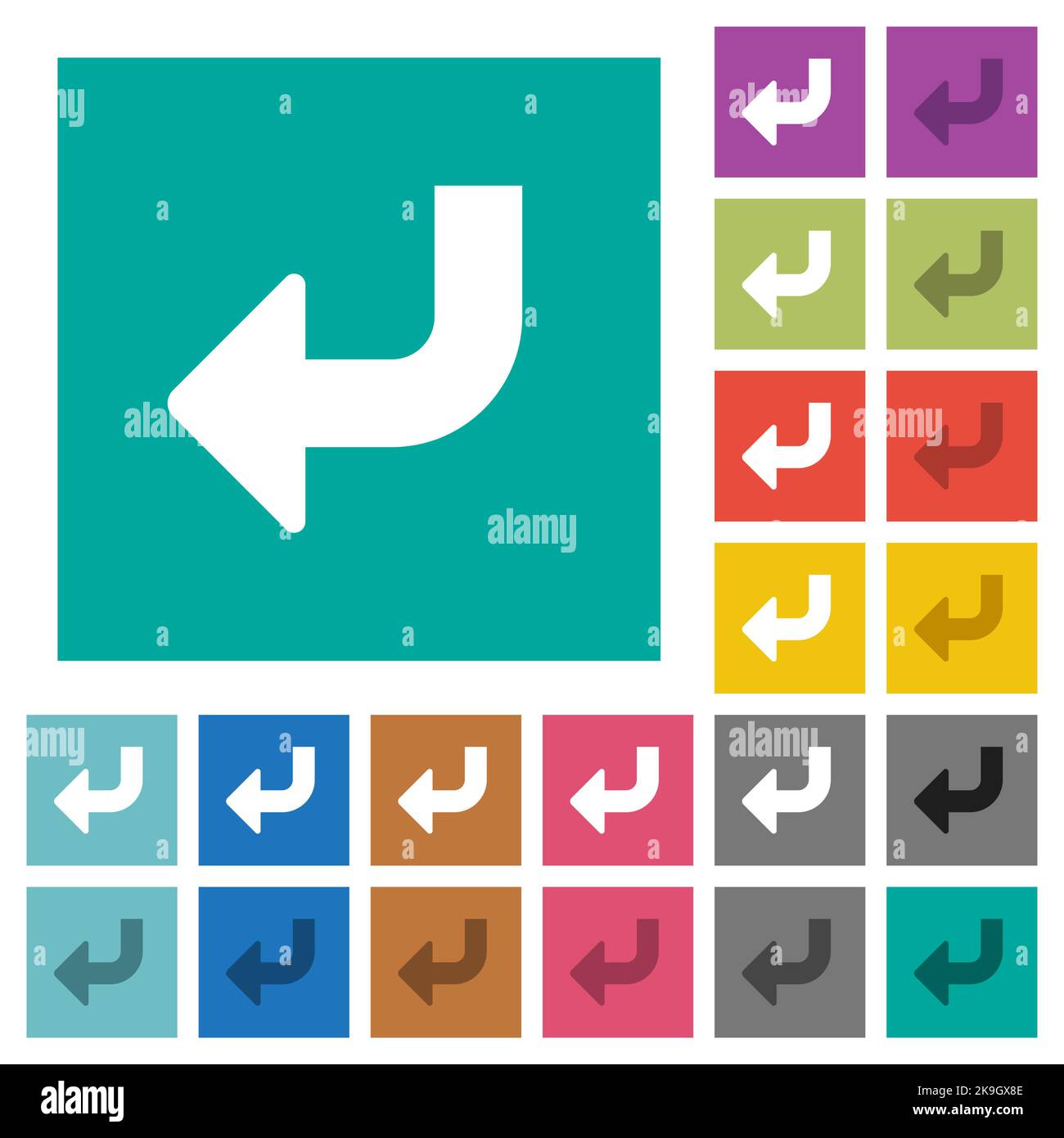 Bottom left side turn arrow solid multi colored flat icons on plain square backgrounds. Included white and darker icon variations for hover or active Stock Vector