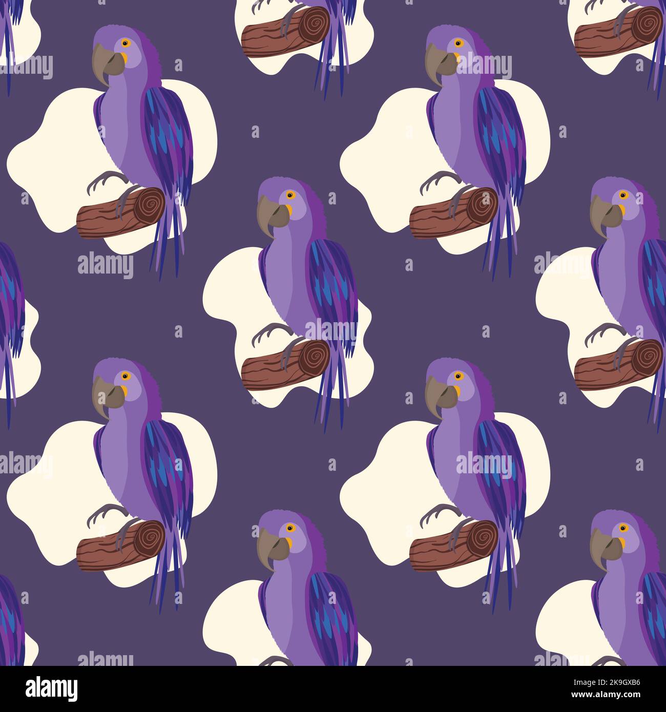 Seamless pattern with cute cartoon parrot bird on branch. Vector ...
