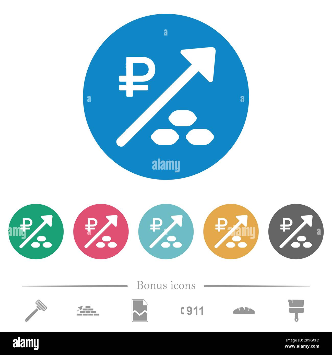 Rising coal energy Russian Ruble prices flat white icons on round color ...