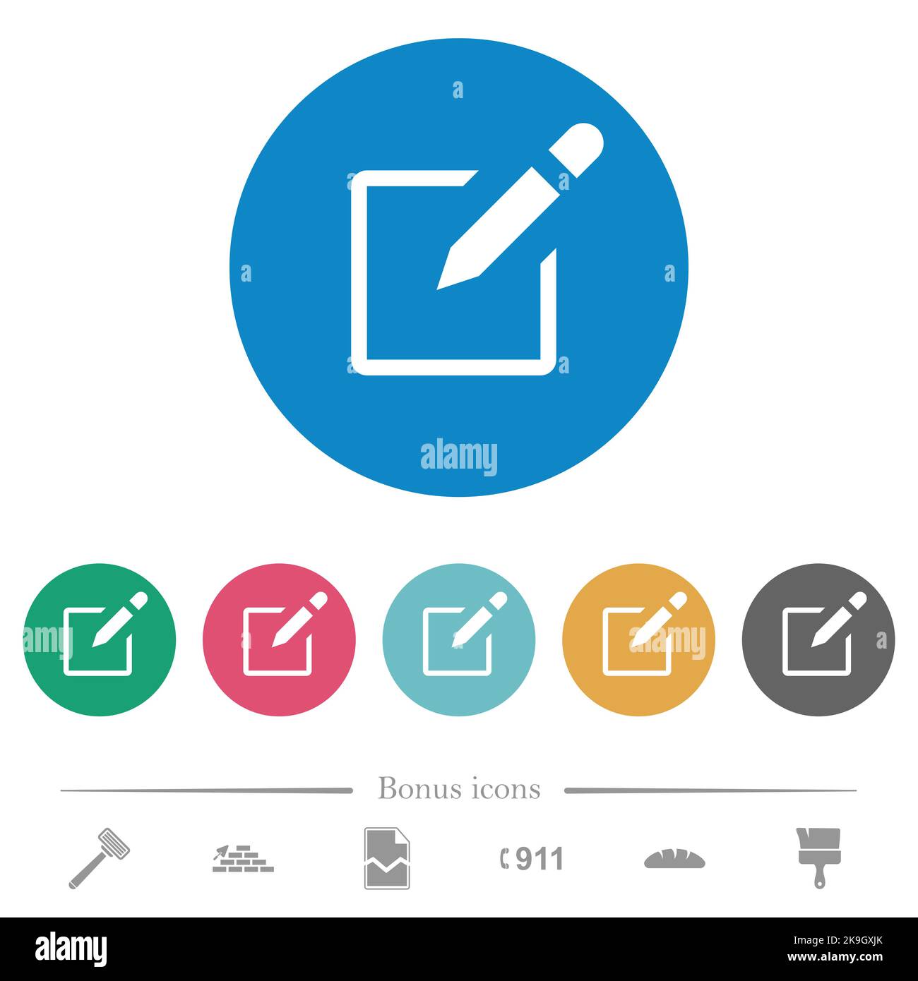 Editbox with pencil flat white icons on round color backgrounds. 6 ...