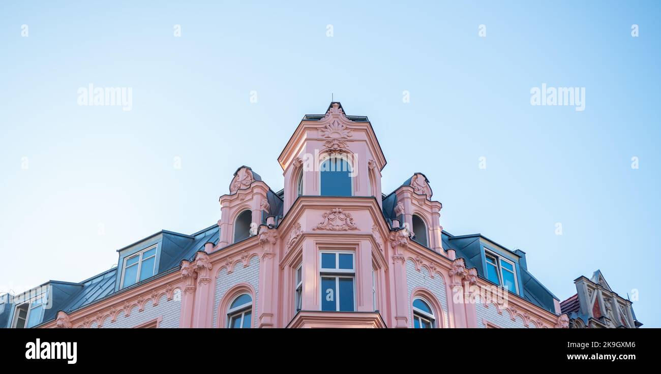 Corner of historical tenement, build by the end of XIX century in eclectic style. Example of great renovation of old building. Katowice, Silesia, Pola Stock Photo