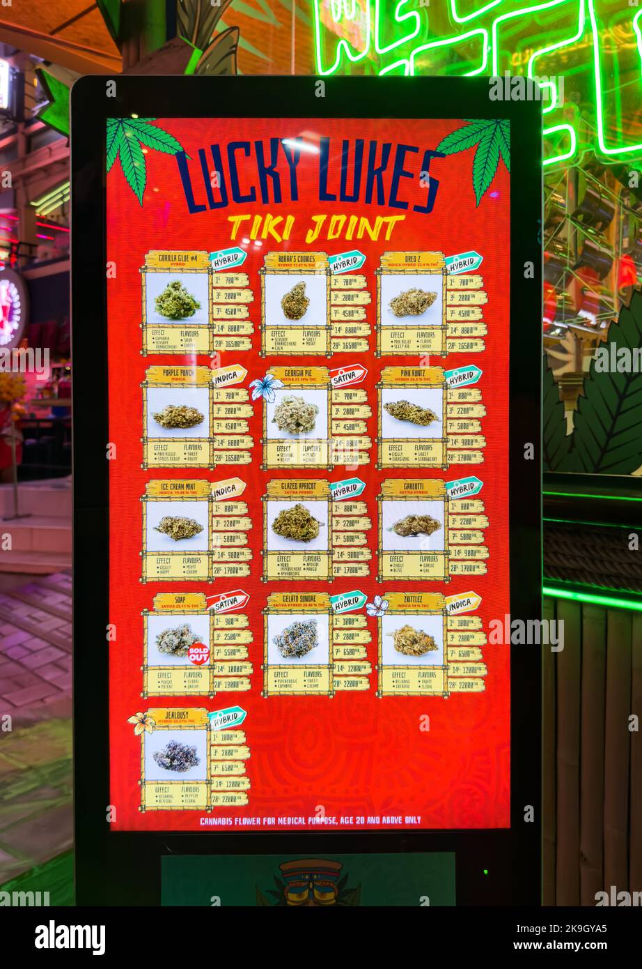 A menu outside a newly legalised cannabis shop in Nana Plaza, Bangkok, Thailand. Cannabis, or ganja as it's known in Thailand, was completely legalise Stock Photo