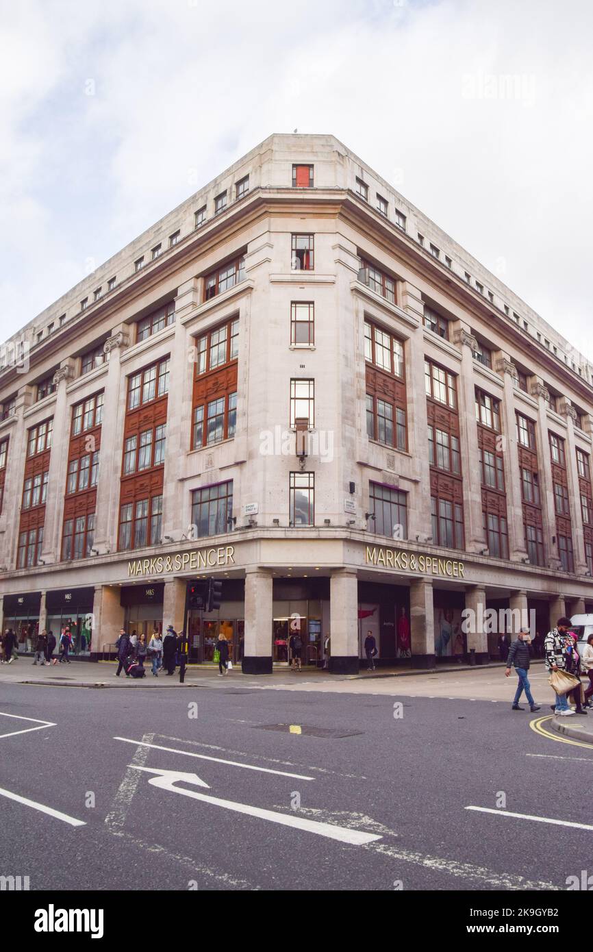 General view of Marks & Spencer store on Oxford Street near Marble Arch. Marks & Spencer are planning to demolish the building and rebuild the store. Opponents say the project will release tens of thousands of tonnes of carbon into the atmosphere, and that refurbishment rather than outright demolition would be a better solution. Stock Photo