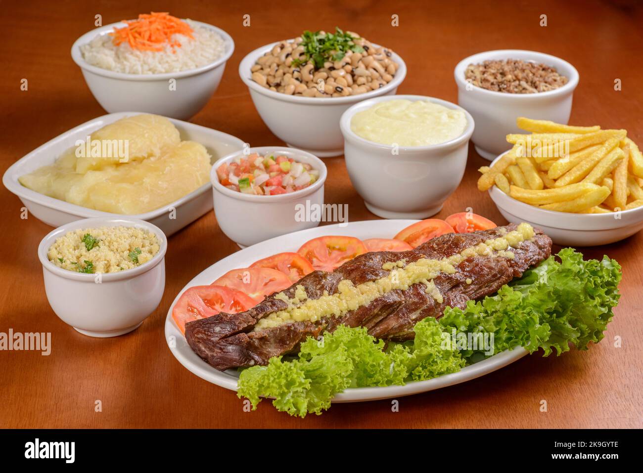 Sun meat and side dishes. Carne de sol, salted steak, typical dish from