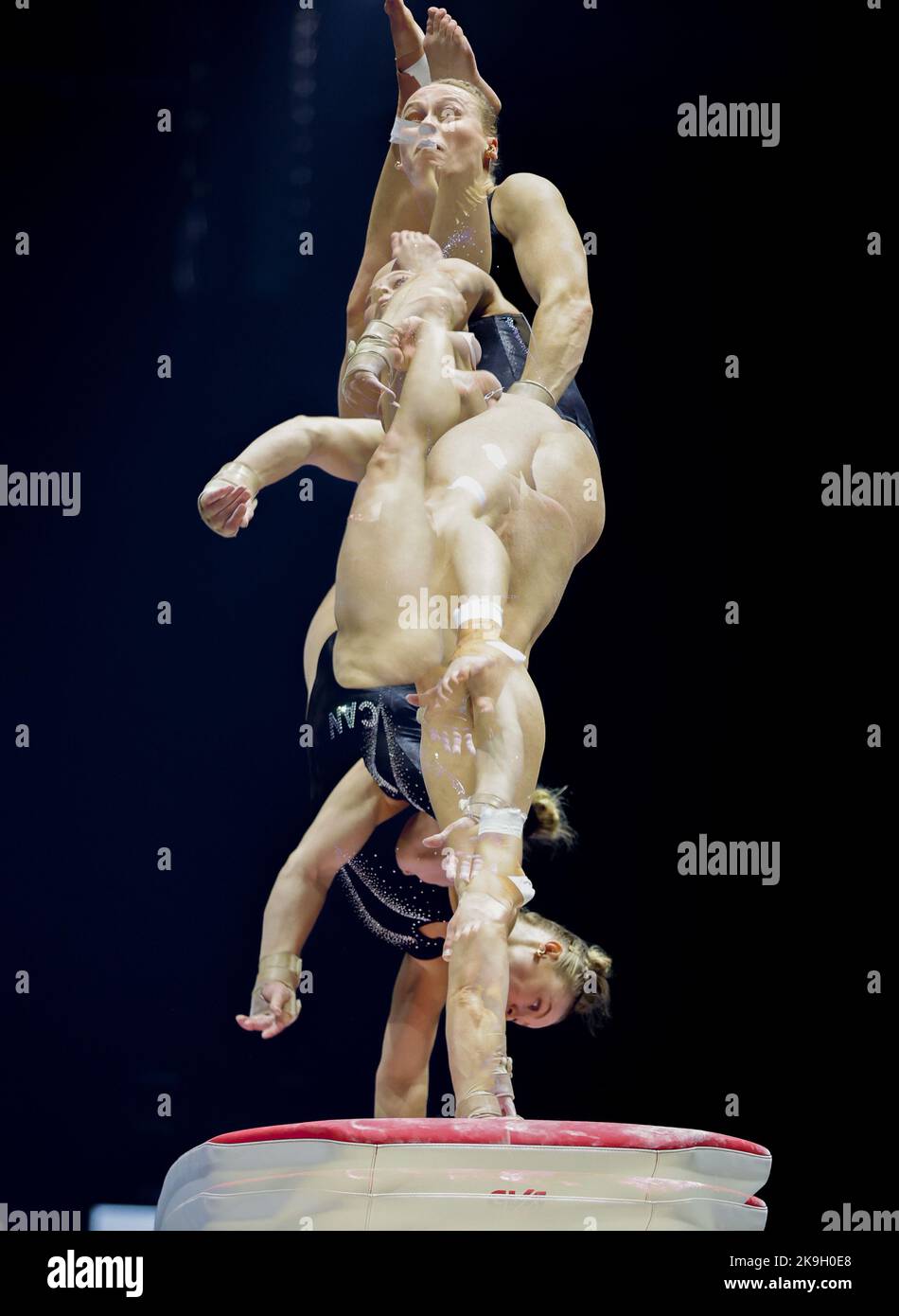 Liverpool, UK. 28th Oct, 2022. 28th October 2022, M&amp;S Bank Arena, Liverpool, England; 2022 World Artistic Gymnastics Championships Training; Multiple exposure of Elsabeth Blacke (CAN) on the vault Credit: Action Plus Sports Images/Alamy Live News Stock Photo