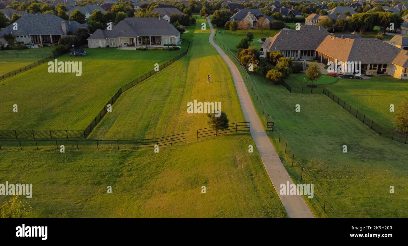 McKinney, TX USA August 5, 2022 Aerial view of ranch style homes