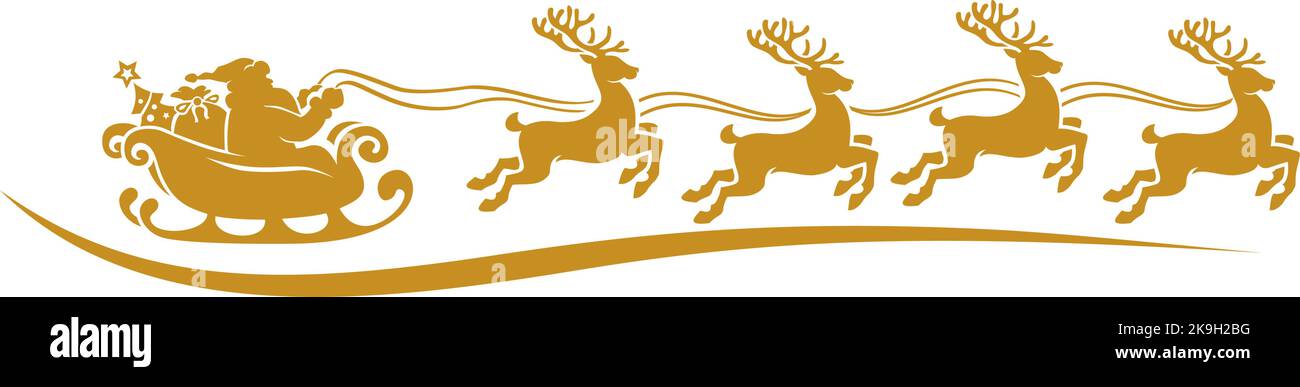 Silhouette of Santa Claus riding in a sleigh with reindeer. Vector on transparent background Stock Vector