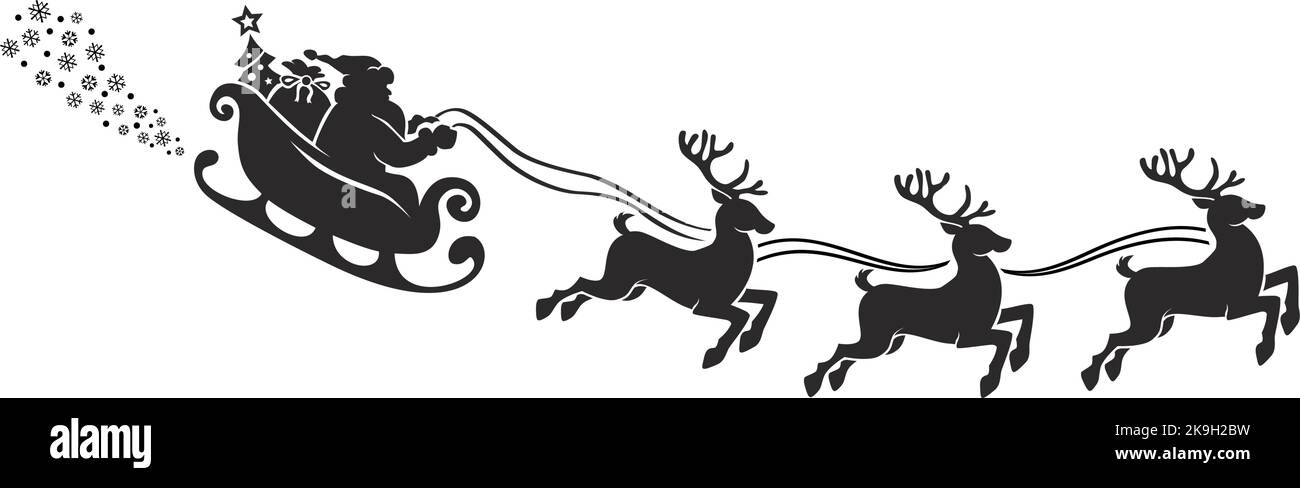 Silhouette of Santa Claus riding in a sleigh with reindeer. Vector on transparent background Stock Vector