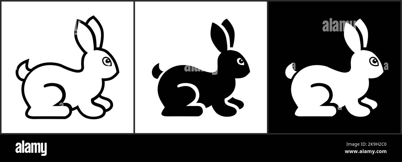 Set of black and white icons rabbit (bunny). 2023 china new year symbol. Vector on transparent and black background Stock Vector
