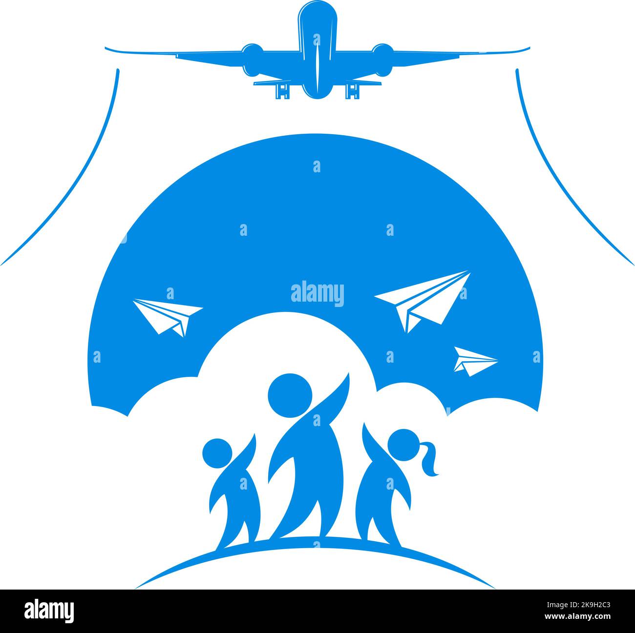 Children launch paper airplanes into flight, which turn into a take-off airliner. Abstract education concept. Vector on a transparent background. Stock Vector