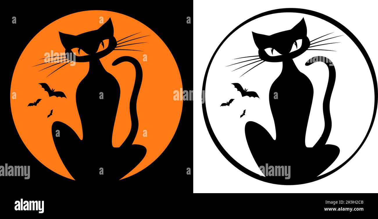 Black cat and bats silhouettes on the full moon background. Vector on black and transparent background Stock Vector