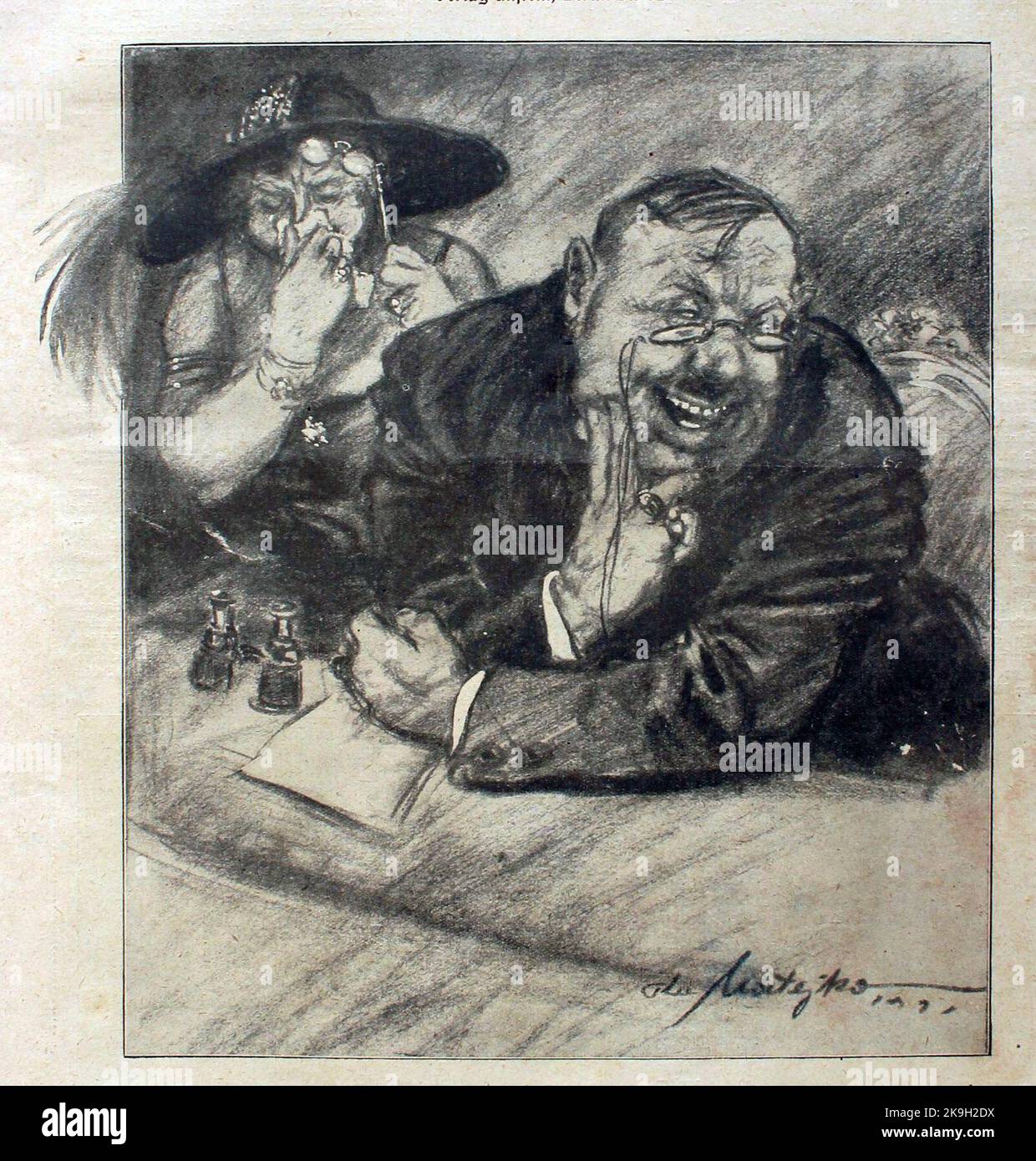Zeichnung von Theo Matejko (1893-1946) von 1921 mit dem Titel 'Raffke in Maria Stuart'. Es zeigt den feisten Kriegsgewinnler beim Besuch eines Theaterstücks. Stock Photo