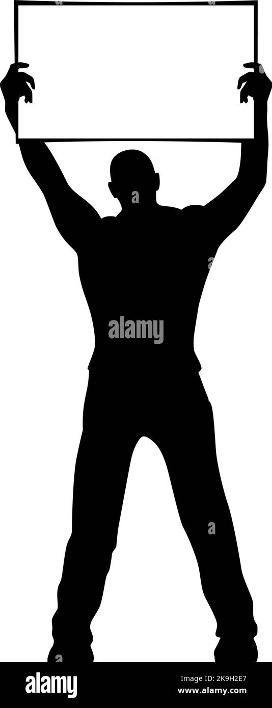 Man with protesting placard. Rebel silhouette holding copy space text banner. Vector on transparent background Stock Vector