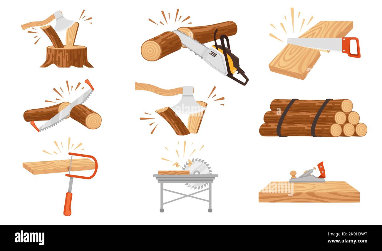 Set of woodworking chopping sawing wooden log on stump with axe and saw vector illustration isolated on white background Stock Vector