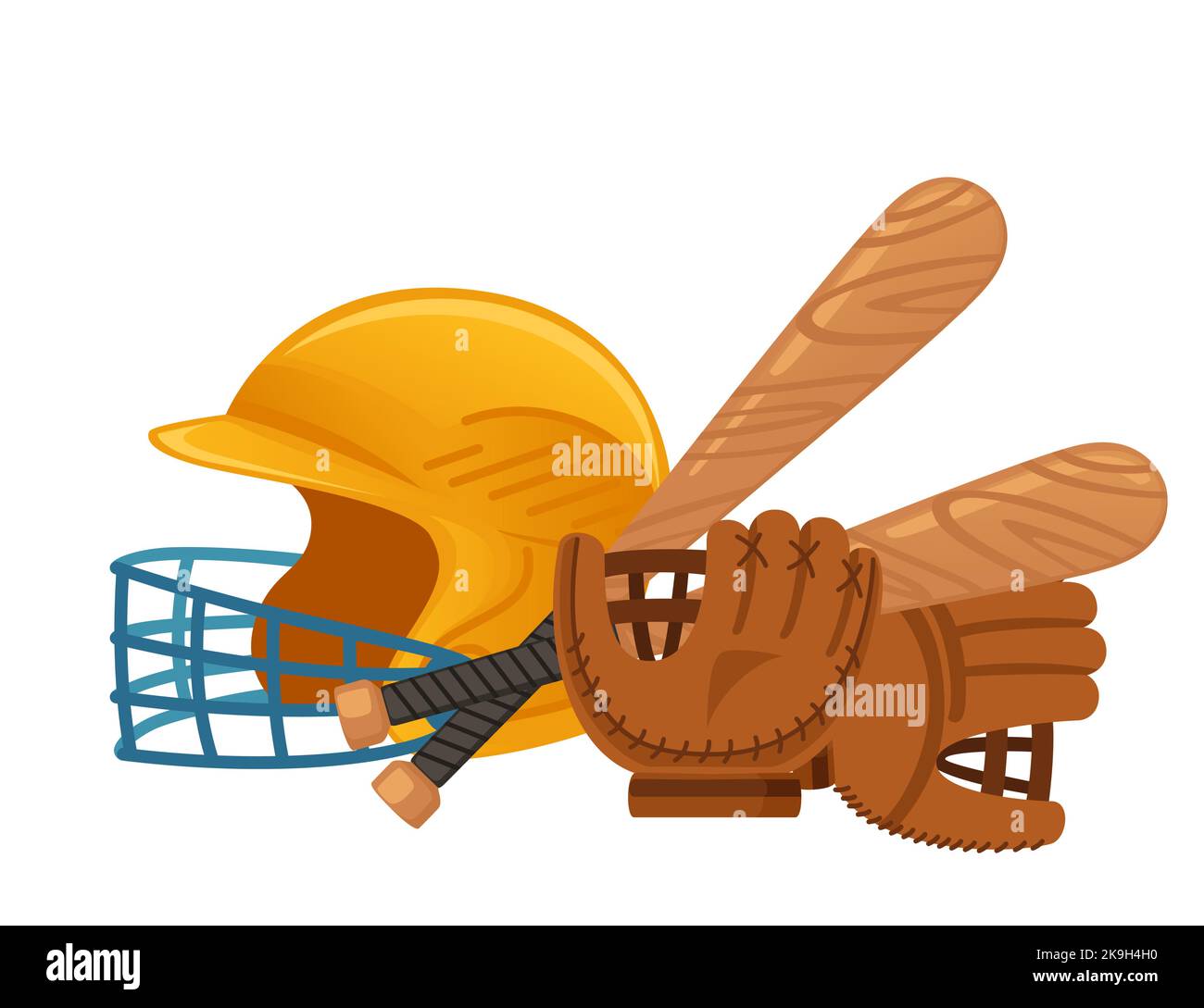 Wooden baseball bat with leather protective glove and helmet vector illustration isolated on white background Stock Vector