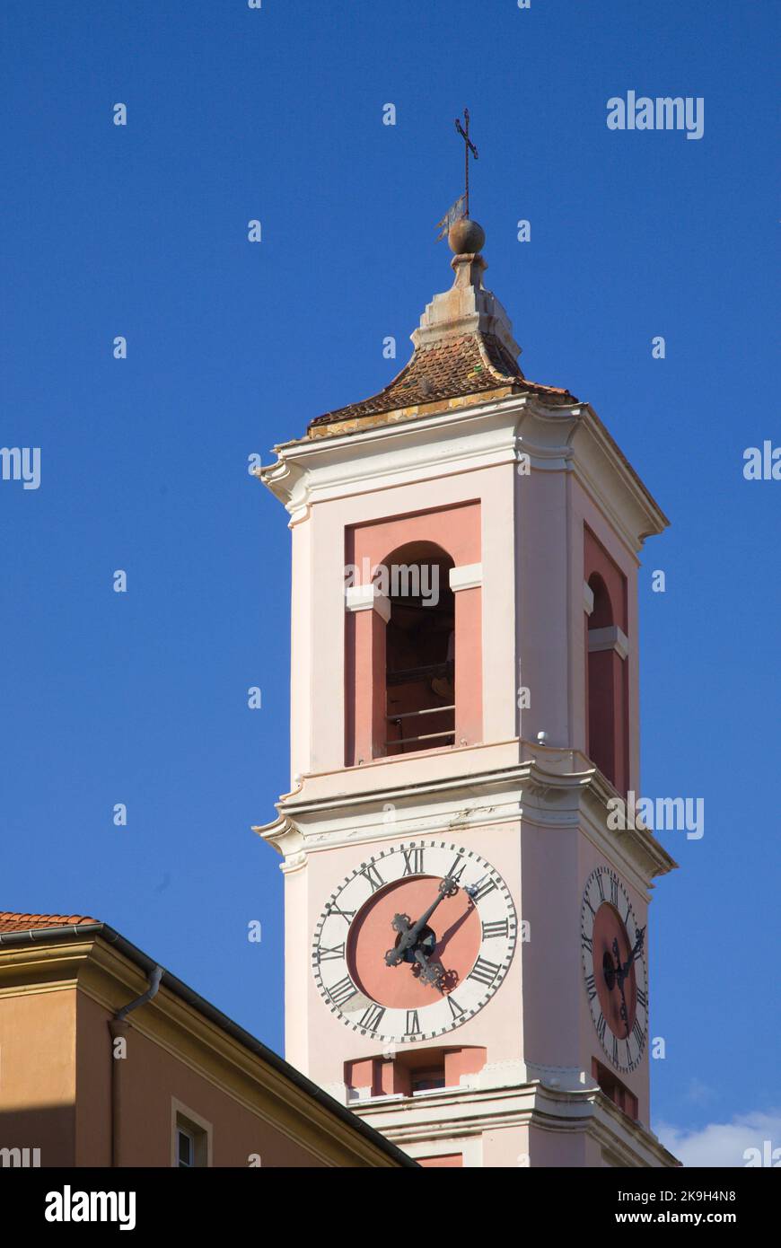 France, Cote d'Azur, Nice, Palais Rusca, clock tower, Stock Photo