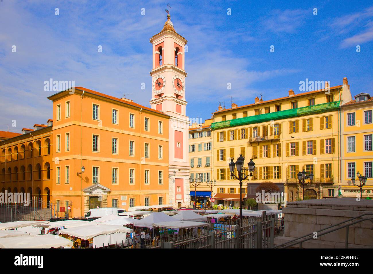 France, Cote d'Azur, Nice, Palais Rusca, clock tower, Place du Palais de Justice, Stock Photo