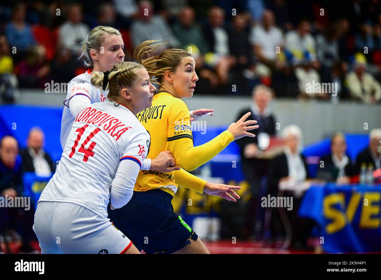 Sweden's Anna Lagerquist (R) and Kamilla Kordovska (#14) of Czech Republic in action during the women's friendly handball match between Sweden and Cze Stock Photo
