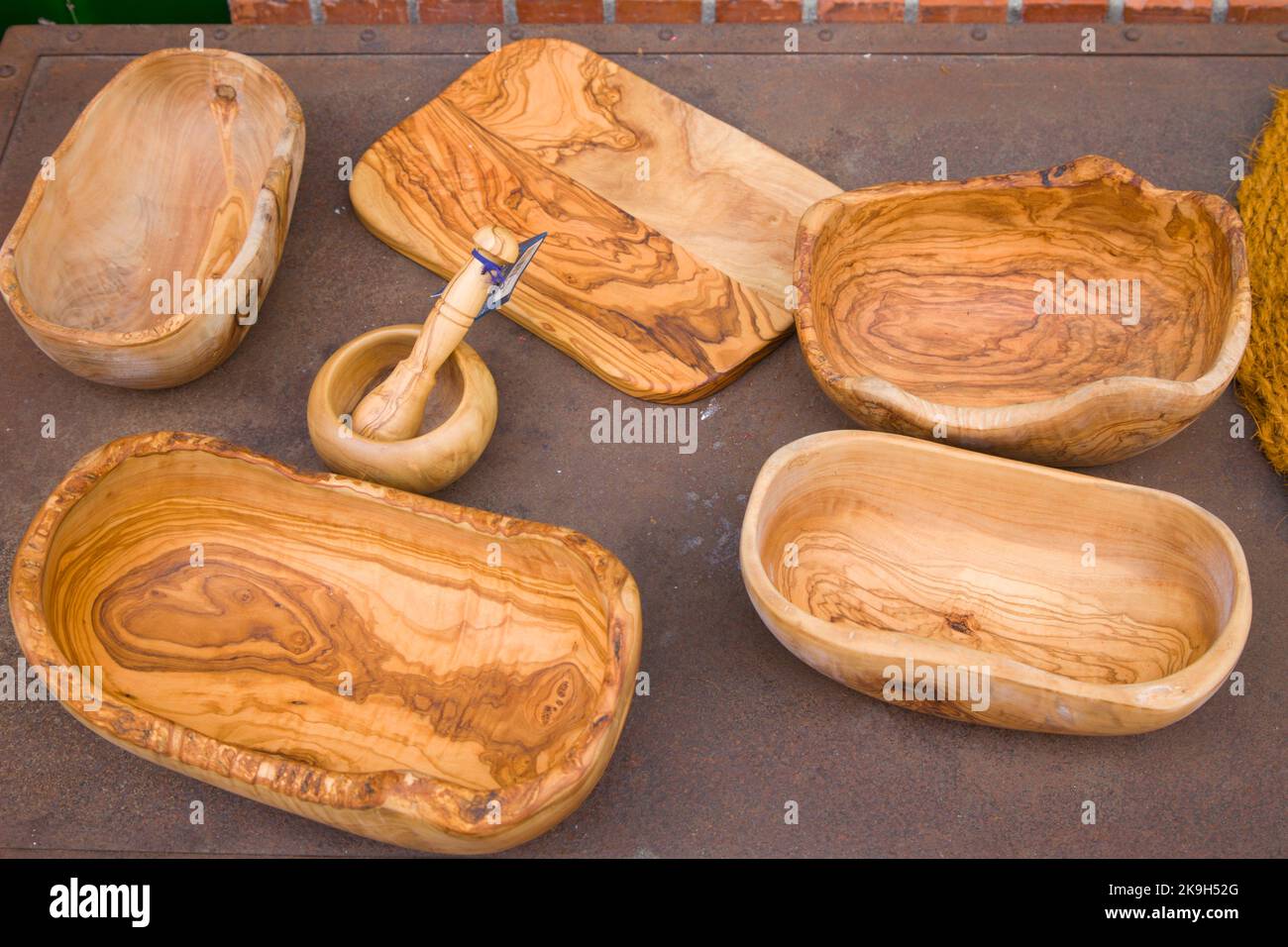 France, Cote d'Azur, Nice, olive wood carvings, implements, Stock Photo