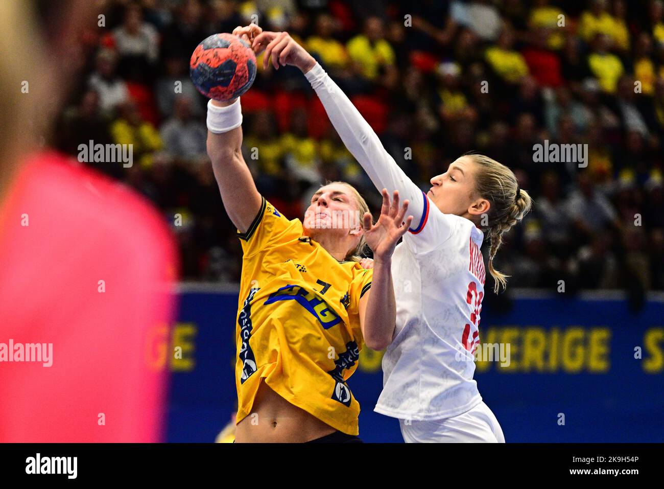 Sweden's Linn Blohm (L) and Natalie Kuxova of Czech Republic in action during the women's friendly handball match between Sweden and Czech Republic at Stock Photo