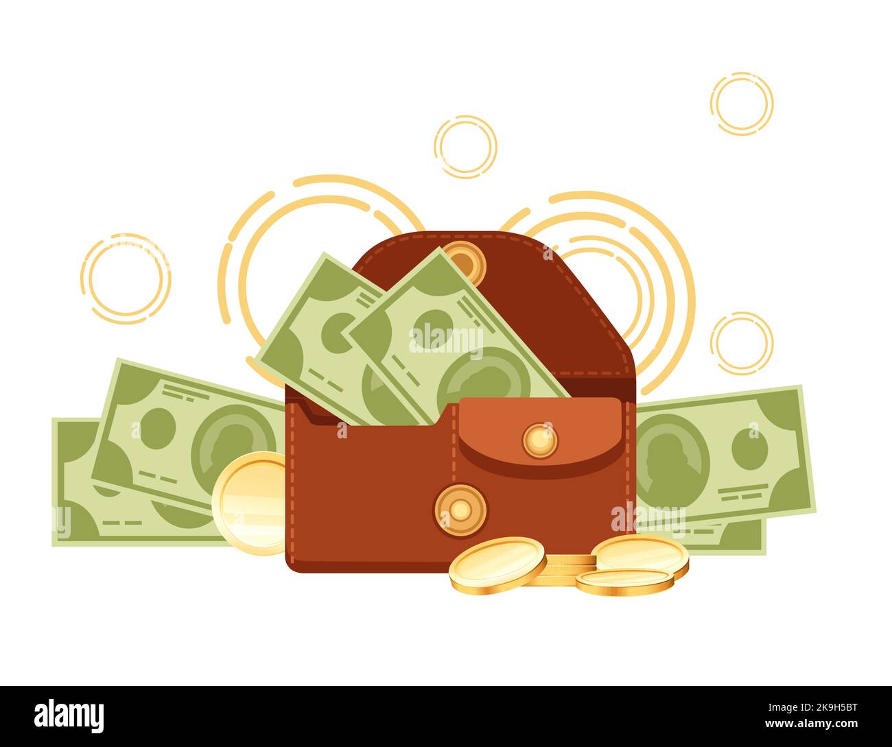 Brown leather wallet with paper currency US dollars vector illustration on white background Stock Vector