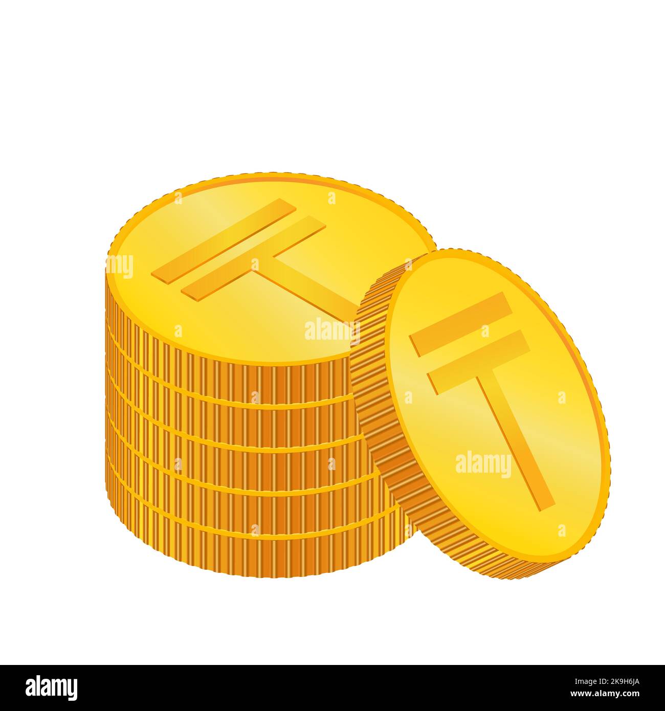 Tenge. 3D isometric Physical coins. Currency. Golden coins with Tenge symbol isolated on white background. Vector illustration. KZT. Stock Vector