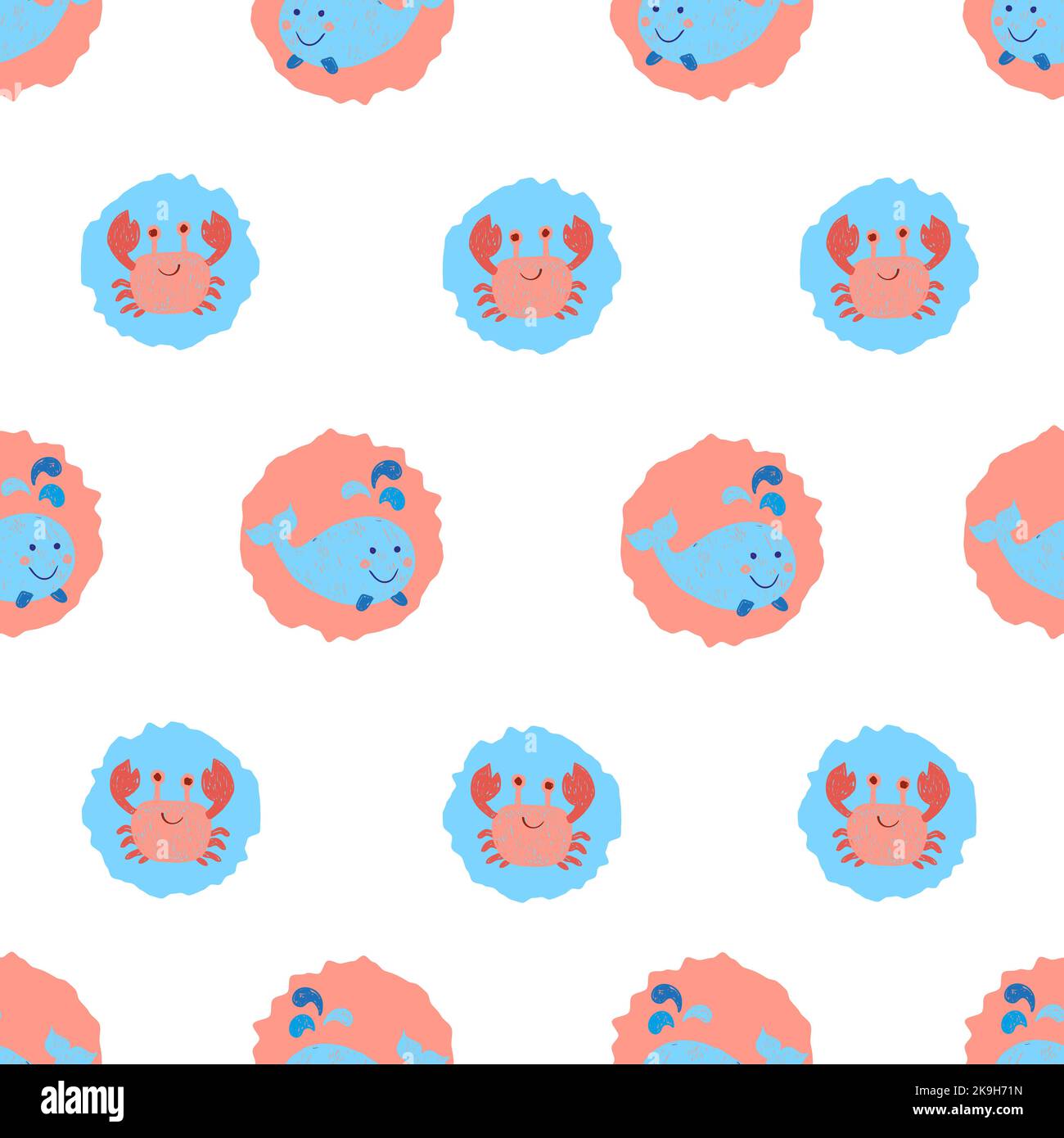 Cute whales and crabs seamless pattern in pink and blue colors. Vector ...