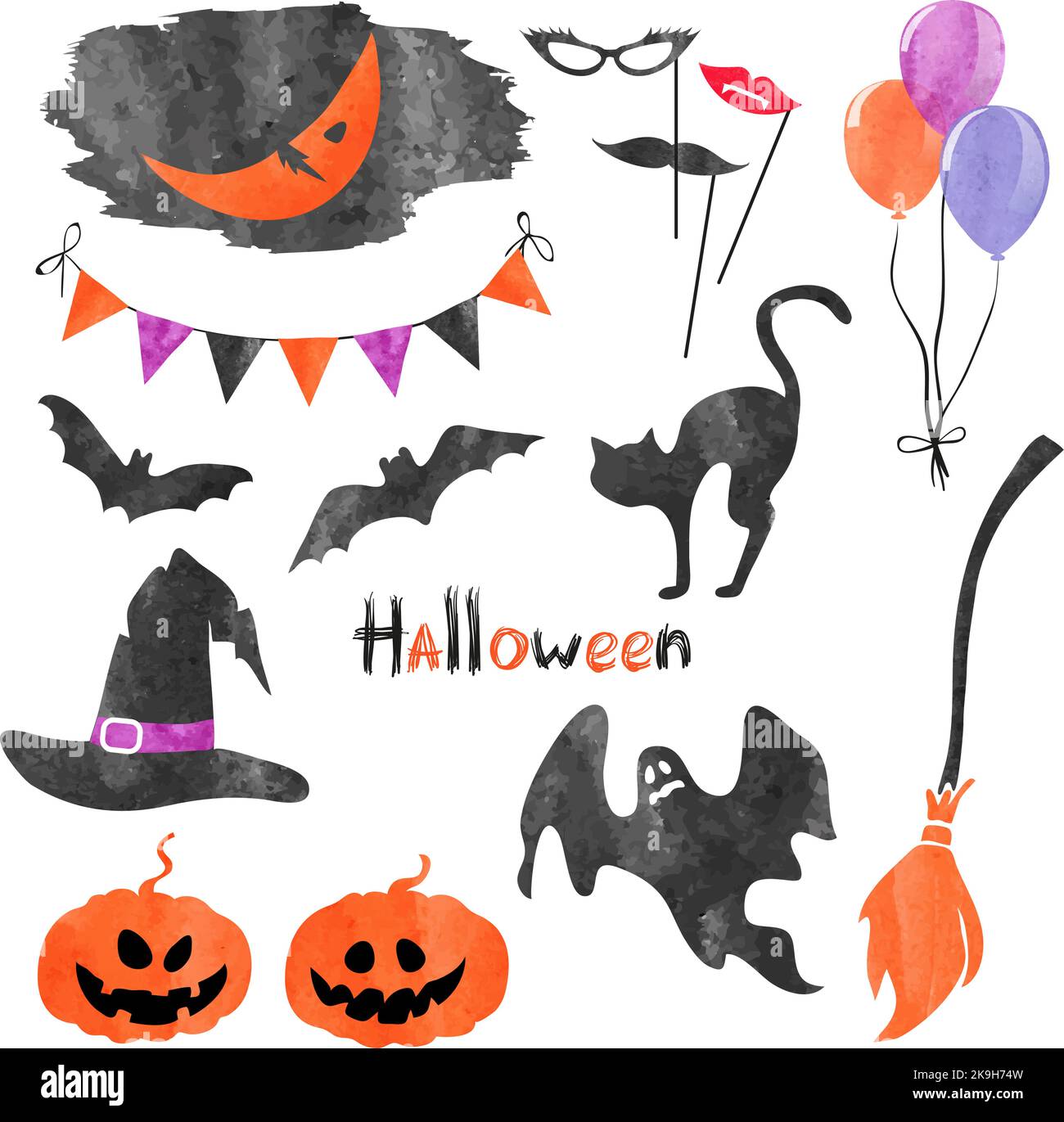 Watercolor Halloween icons set. Vector holiday party collection of elements for design Stock Vector