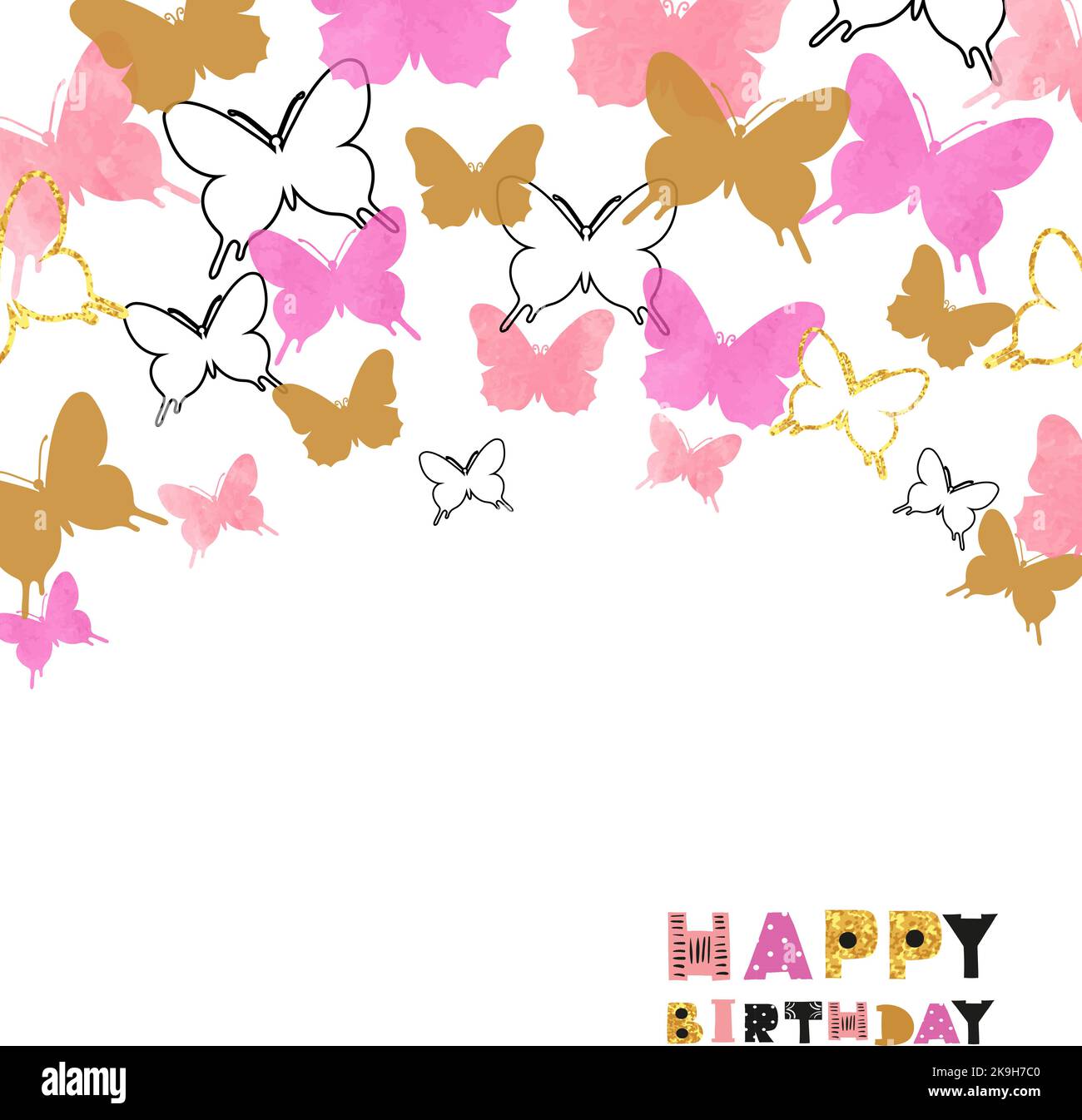 Happy Birthday card design with watercolor pink and glittering golden butterflies. Vector
