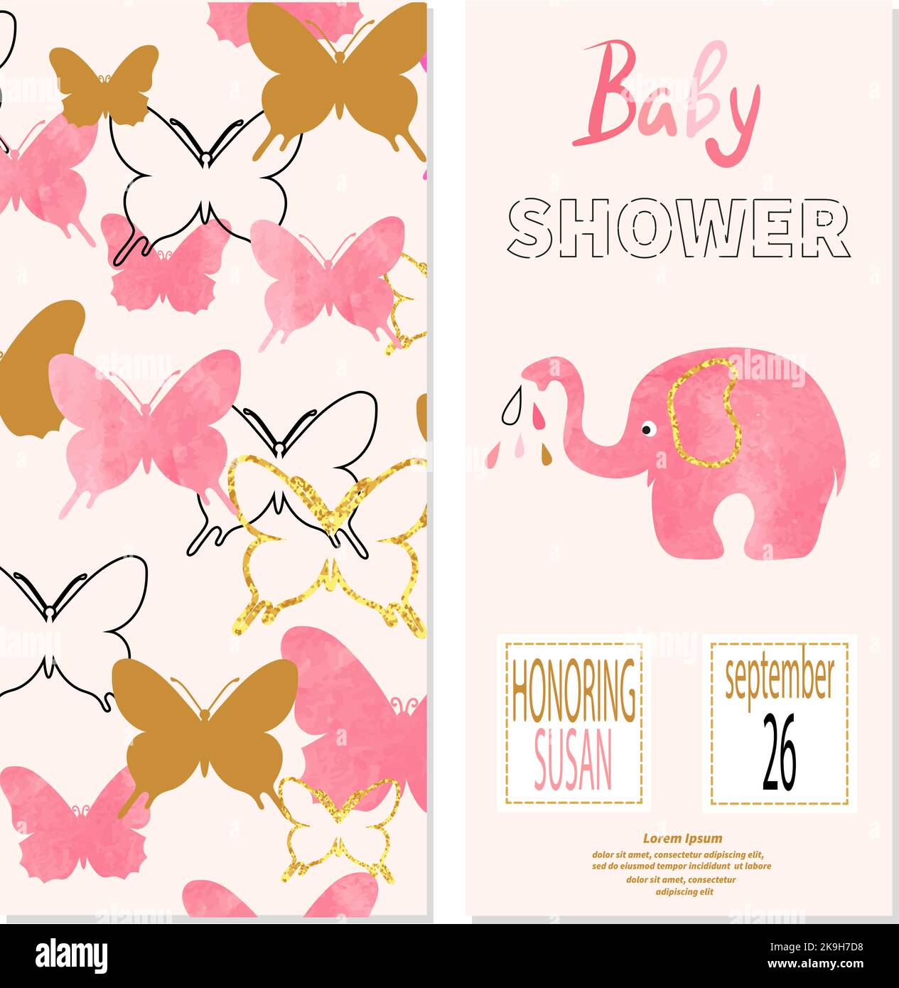 Baby shower girl. Vector invitation card design with butterflies and